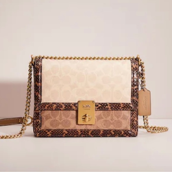 Coach Hutton Shoulder Bag In Blocked Signature Canvas With Snakeskin Detail - Picture 7 of 15